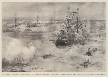 Our Naval Visitors at Portsmouth, the Combined English and Italian Fleets saluting the Prince of Wales after the Review